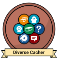 A stylized metalic badge. It appears to be made of bronze and features a color assortment of geocache icons. A ribbon reading Diverse Cacher sits on the bottom.