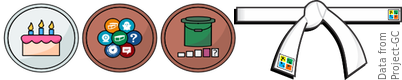 A number of stylized badges, followed by a white belt bearing two Geocaching logos, clearly inspired by the belts used in judo. The badges are, from left to right: platinum, bronze and bronze, depicting a birthday cake, a grouping of geocache icons, and a large cache with symbols for the different cache sizes underneath – the one for large caches is colored in. The words Data from Project-GC mark the image on the right.