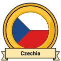 A stylized badge, in the same style as the others. It is gold and bears a rounded icon of the Czech flag. A ribbon reading Czechia sits on the bottom, in front of the badge proper.