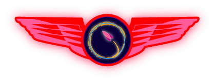 A stylized badge. Glowing red wings attach to the circular middle, which depics a small pink rocketship taking off, its trail multi-colored and dispersing from the craft to create a circle, all on a black background.
