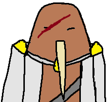 A simple MS Paint drawing of what is meant to be a stylized kiwi bird depicted from the waist up, brown, oval, with a long, light beige beak and two simple lines for eyes, both smiling and serious. Her title (or name?) is the Mother General. Cloaked in a broad, regal and almost military-looking silver cloak with golden details on the shoulders and piece connecting the cloak's two open halves, she leads an order of similarly – though not exactly – dressed warriors and scholars protecting the kiwi lands. There is also a dark gray belt across her chest, and a reddish-brown scar over her right eye. One day, the author should revisit all the other similar worlds, drawings and stories he's made in the deep past.
